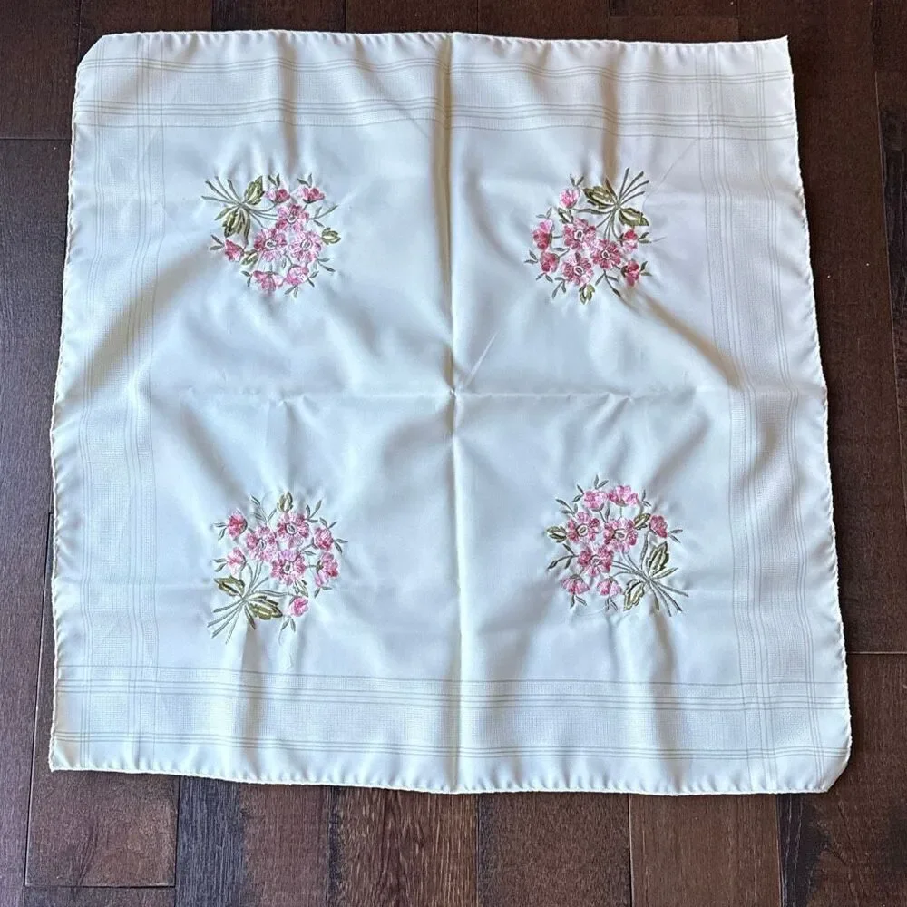 Vintage handmade napkin handkerchief cream with embroidered pink‎ flowers shabby